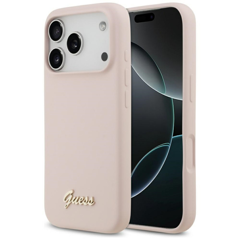 „Guess“ silikoninis metalinis „MagSafe“ dėklas su užrašu ir logotipu, skirtas „iPhone 17 Pro“ – rožinis