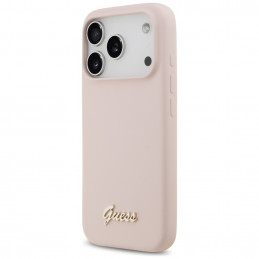 „Guess“ silikoninis metalinis „MagSafe“ dėklas su užrašu ir logotipu, skirtas „iPhone 17 Pro“ – rožinis