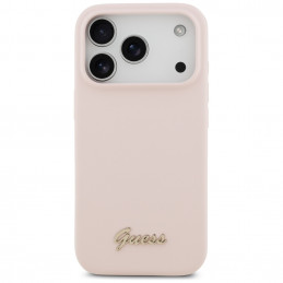 „Guess“ silikoninis metalinis „MagSafe“ dėklas su užrašu ir logotipu, skirtas „iPhone 17 Pro“ – rožinis
