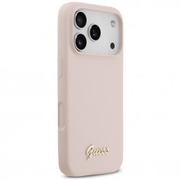 „Guess“ silikoninis metalinis „MagSafe“ dėklas su užrašu ir logotipu, skirtas „iPhone 17 Pro“ – rožinis