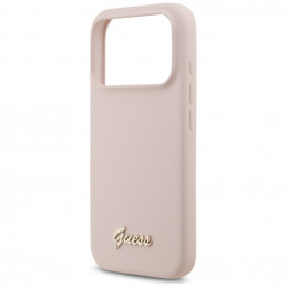 „Guess“ silikoninis metalinis „MagSafe“ dėklas su užrašu ir logotipu, skirtas „iPhone 17 Pro“ – rožinis