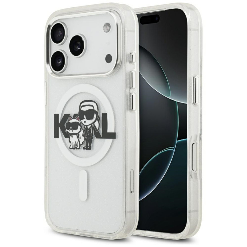 „Karl Lagerfeld IML“ blizgučių ir „Karl & Choupette“ eskizo logotipo „MagSafe“ dėklas, skirtas „iPhone 17 Pro“ – skaidru...