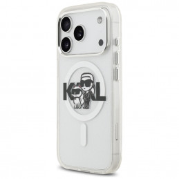 „Karl Lagerfeld IML“ blizgučių ir „Karl & Choupette“ eskizo logotipo „MagSafe“ dėklas, skirtas „iPhone 17 Pro“ – skaidru...