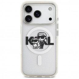 „Karl Lagerfeld IML“ blizgučių ir „Karl & Choupette“ eskizo logotipo „MagSafe“ dėklas, skirtas „iPhone 17 Pro“ – skaidru...