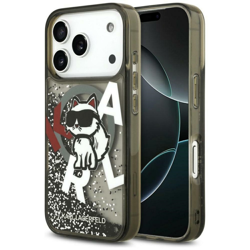 „Karl Lagerfeld“ skysto blizgučio „Choupette“ logotipo „MagSafe“ dėklas, skirtas „iPhone 17 Pro Max“ – juodas