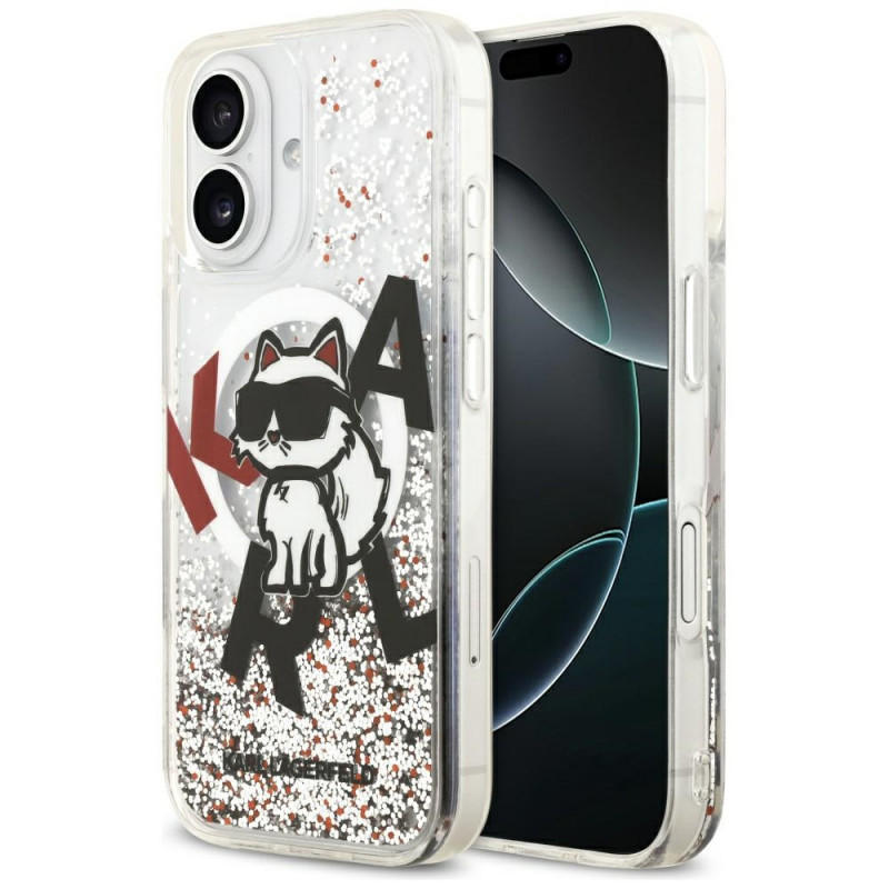 „Karl Lagerfeld“ skysto blizgučio „Choupette“ logotipo „MagSafe“ dėklas, skirtas „iPhone 17“ – skaidrus