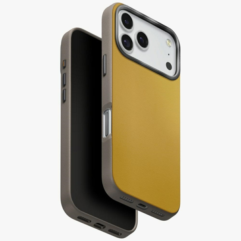UNIQ Lyden DS dėklas, skirtas iPhone 17 Pro, su įkrovimo mygtuku – geltonai pilkas
