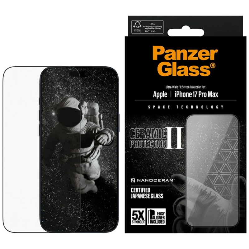 „PanzerGlass Ceramic II“ itin plataus kampo grūdintas stiklas, skirtas „iPhone 17 Pro Max“
