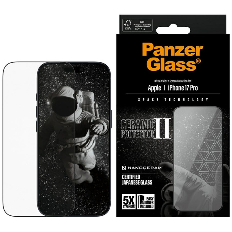 „PanzerGlass Ceramic II“ itin plataus pritaikymo „EasyAligner“, skirtas „iPhone 17 Pro“