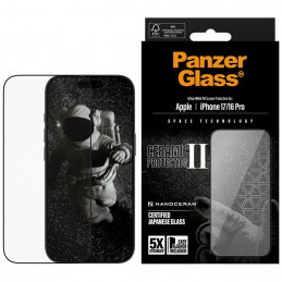 „PanzerGlass Ceramic II“ itin plataus kampo grūdintas stiklas „EasyAligner“, skirtas „iPhone 16 / 16 Plus / 17“