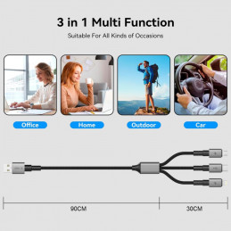 „Tech-Protect UltraBoost DNA 3in1 USB-C / Micro-USB / Lightning“ laidas, 120 cm, pilkas