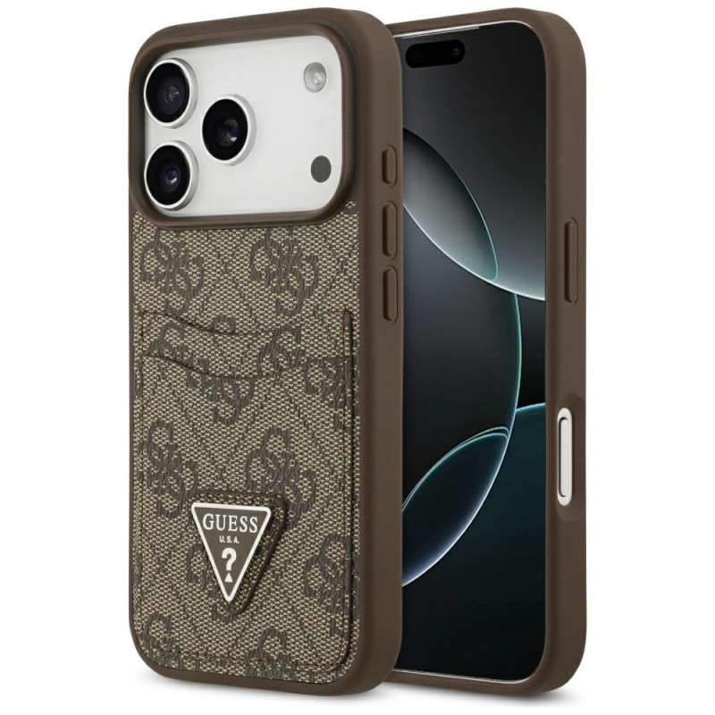 „Guess 4G Nauble Card“ trikampio formos dėklas, skirtas iPhone 17 Pro – rudas