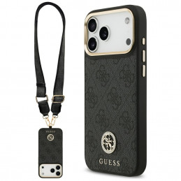 „Guess 4G Srtass“ logotipas ir dideli metaliniai dirželio mygtukai su „MagSafe“ dėklu, skirtu „iPhone 17 Pro Max“ – juod...
