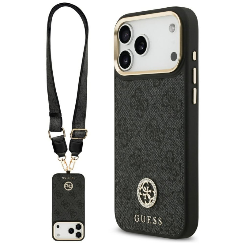 „Guess 4G Srtass“ logotipas ir dideli metaliniai dirželio mygtukai su „MagSafe“ dėklu, skirtu „iPhone 17 Pro Max“ – juod...