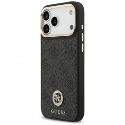 „Guess 4G Srtass“ logotipas ir dideli metaliniai dirželio mygtukai su „MagSafe“ dėklu, skirtu „iPhone 17 Pro Max“ – juod...