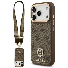 „Guess 4G“ „Strass“ logotipas ir dideli metaliniai dirželiai su sagomis, skirti „iPhone 17 Pro“ – rudas