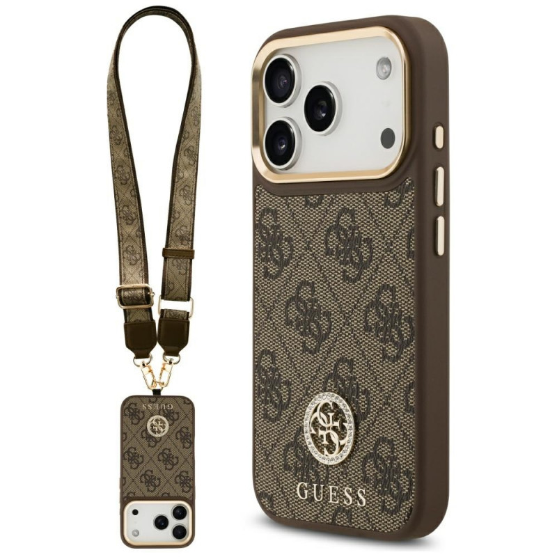 „Guess 4G“ „Strass“ logotipas ir dideli metaliniai dirželiai su sagomis, skirti „iPhone 17 Pro“ – rudas