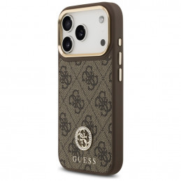 „Guess 4G“ „Strass“ logotipas ir dideli metaliniai dirželiai su sagomis, skirti „iPhone 17 Pro“ – rudas