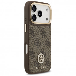 „Guess 4G“ „Strass“ logotipas ir dideli metaliniai dirželiai su sagomis, skirti „iPhone 17 Pro“ – rudas