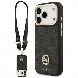 „Guess 4G“ „Strass“ logotipas ir dideli metaliniai dirželiai su sagomis, skirti „iPhone 17 Pro“ – juodas