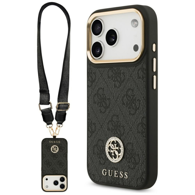„Guess 4G“ „Strass“ logotipas ir dideli metaliniai dirželiai su sagomis, skirti „iPhone 17 Pro“ – juodas