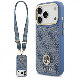 „Guess 4G“ „Strass“ logotipas ir dideli metaliniai dirželiai su sagomis, skirti „iPhone 17 Pro“ – mėlynas