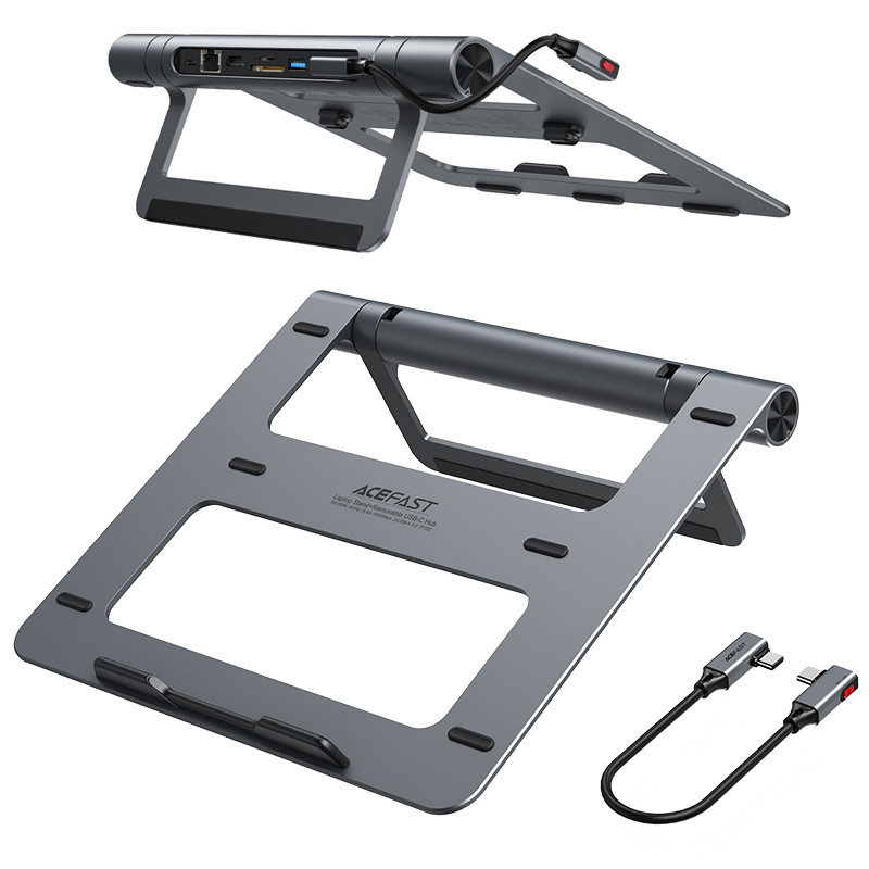 Acefast E5 Plus HUB nešiojamojo kompiuterio stovas USB-C 2x USB-A 3.2 TF SD HDMI RJ45 100W – pilka
