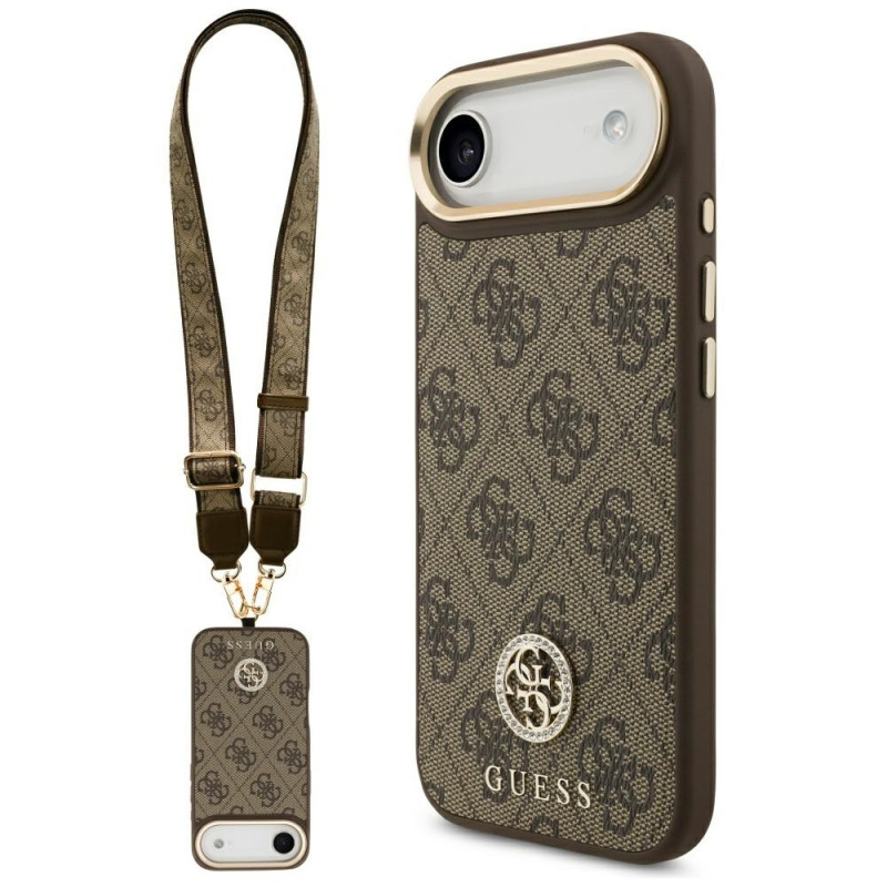 „Guess 4G“ „Strass“ logotipas ir dideli metaliniai dirželio mygtukai su „MagSafe“ dėklu, skirtu „iPhone Air“ – rudas