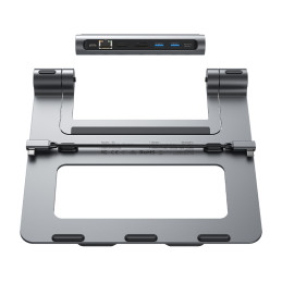 Acefast E5 Plus HUB nešiojamojo kompiuterio stovas USB-C 2x USB-A 3.2 TF SD HDMI RJ45 100W – pilka