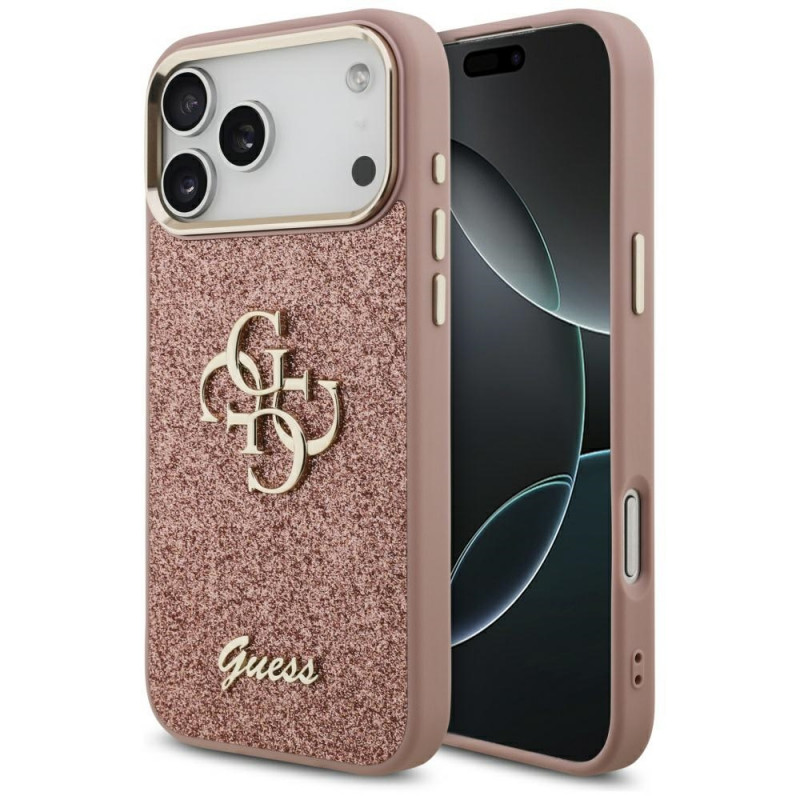 „Guess“ fiksuoto blizgučių dizaino metalinis rėmelis, skirtas iPhone 17 Pro Max – rožinis
