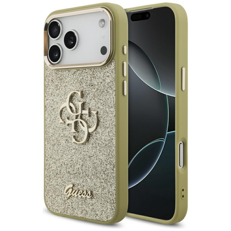 „Guess“ fiksuoto blizgučių dizaino didelis 4G metalinio rėmelio dėklas, skirtas iPhone 17 Pro Max - auksinis