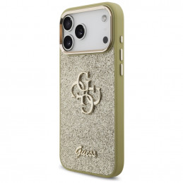 „Guess“ fiksuoto blizgučių dizaino didelis 4G metalinio rėmelio dėklas, skirtas iPhone 17 Pro Max - auksinis