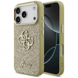 „Guess“ fiksuoto blizgučių dizaino didelis 4G metalinio rėmelio dėklas, skirtas iPhone 17 Pro – auksinis