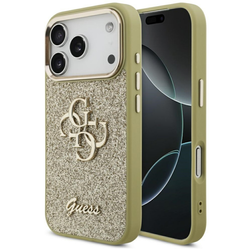 „Guess“ fiksuoto blizgučių dizaino didelis 4G metalinio rėmelio dėklas, skirtas iPhone 17 Pro – auksinis