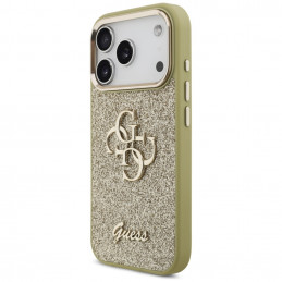 „Guess“ fiksuoto blizgučių dizaino didelis 4G metalinio rėmelio dėklas, skirtas iPhone 17 Pro – auksinis