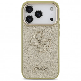 „Guess“ fiksuoto blizgučių dizaino didelis 4G metalinio rėmelio dėklas, skirtas iPhone 17 Pro – auksinis