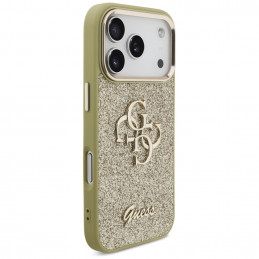 „Guess“ fiksuoto blizgučių dizaino didelis 4G metalinio rėmelio dėklas, skirtas iPhone 17 Pro – auksinis