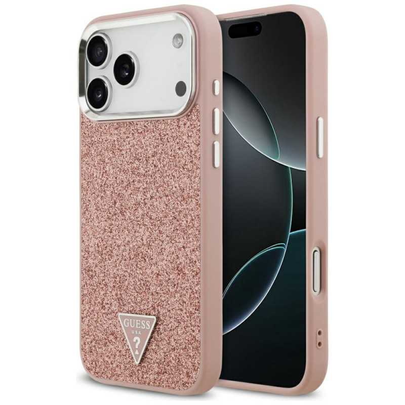 „Guess“ blizgantis trikampio formos logotipas su „MagSafe“ dėklu, skirtu „iPhone 17 Pro Max“ – rožinis