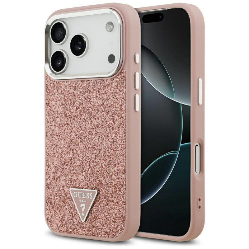 „Guess“ blizgantis trikampio formos logotipo „MagSafe“ dėklas, skirtas „iPhone 17 Pro“ – rožinis