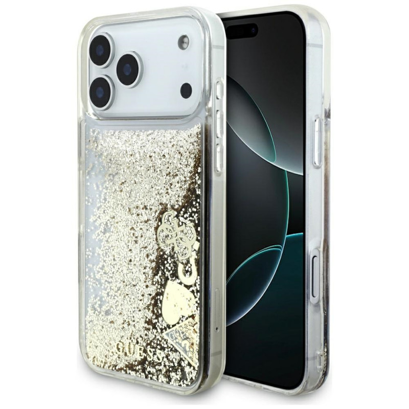 „Guess Liq. Glitter 4 Charms“ dėklas, skirtas „iPhone 17 Pro Max“ – auksinis
