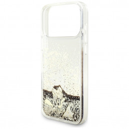 „Guess Liq. Glitter 4 Charms“ dėklas, skirtas „iPhone 17 Pro Max“ – auksinis