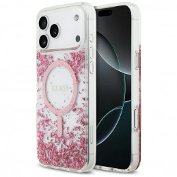 „Guess“ blizgučiais aptrauktas „MagSafe“ dėklas, skirtas „iPhone 17 Pro Max“ – rožinis