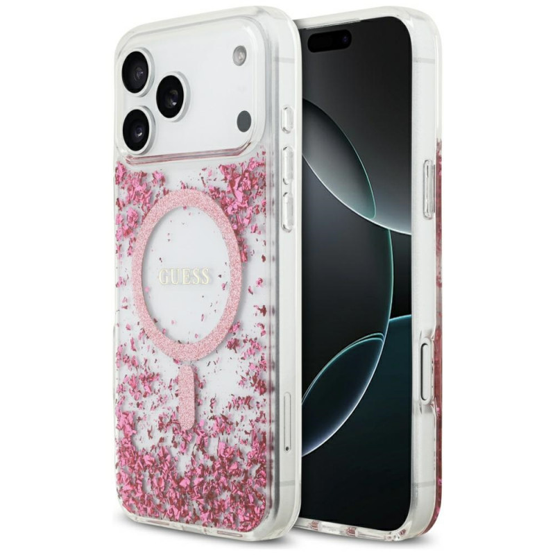 „Guess“ blizgučiais aptrauktas „MagSafe“ dėklas, skirtas „iPhone 17 Pro Max“ – rožinis
