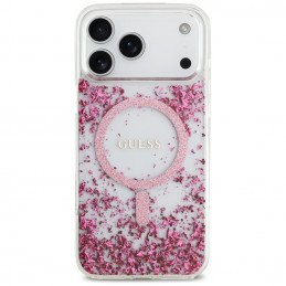 „Guess“ blizgučiais aptrauktas „MagSafe“ dėklas, skirtas „iPhone 17 Pro Max“ – rožinis