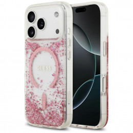 „Guess“ blizgučiais aptrauktas „MagSafe“ dėklas, skirtas „iPhone 17 Pro“ – rožinis