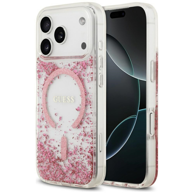 „Guess“ blizgučiais aptrauktas „MagSafe“ dėklas, skirtas „iPhone 17 Pro“ – rožinis