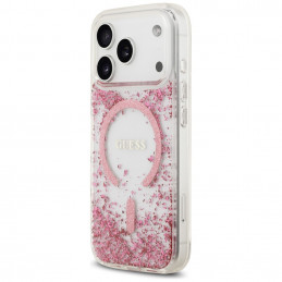 „Guess“ blizgučiais aptrauktas „MagSafe“ dėklas, skirtas „iPhone 17 Pro“ – rožinis