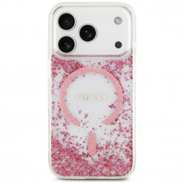 „Guess“ blizgučiais aptrauktas „MagSafe“ dėklas, skirtas „iPhone 17 Pro“ – rožinis
