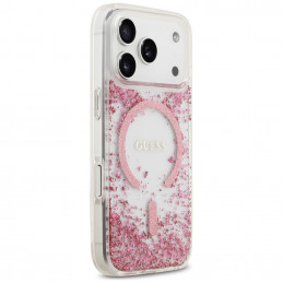 „Guess“ blizgučiais aptrauktas „MagSafe“ dėklas, skirtas „iPhone 17 Pro“ – rožinis