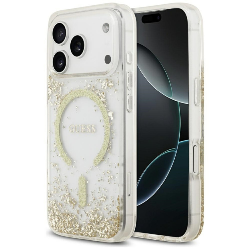 „Guess“ blizgučiais aptrauktas „MagSafe“ dėklas „iPhone 17 Pro“ su dervos dugnu – auksinis